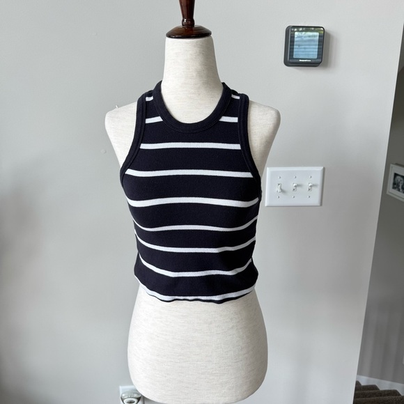 Mauve Cropped Black and White Striped Ribbed Tank Top - Picture 8 of 9